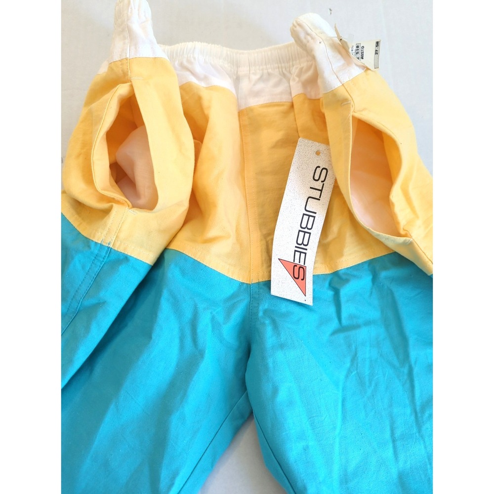 New Vtg 90's Stubbies Shorts Men 38 Color Block Yellow Turquoise Elastic Waist